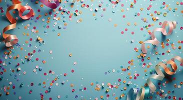 Pink And Blue Confetti And Ribbon Scattered On A Blue Background photo