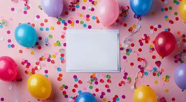 Blank Card Surrounded by Colorful Balloons and Confetti on a Pink Background photo