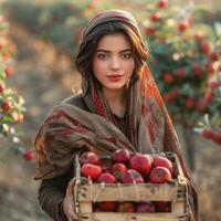 Young Woman Holding A Crate Of Ripe Apples In An Orchard During Golden Hour photo