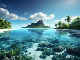 tropical island with glowing lagoons beautiful composition, super sharp, crisp, clear, true to life photo