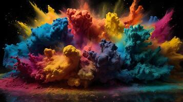 ultra hd 8k multi sharp rainbow color powder splashes on black background in spot light from both photo