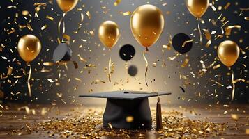 Ultra High-resolution Graduation party invitation realistic composition with flying Golden balloons photo