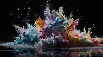 ultra hd 8k multi sharp rainbow color powder splashes on black background photo