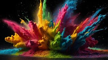 ultra hd 8k multi sharp rainbow color powder splashes on black background in spot light from both photo