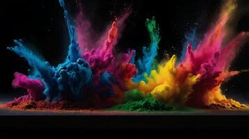 ultra hd 8k multi sharp rainbow color powder splashes on black background in spot light from both photo