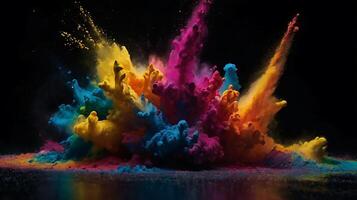 ultra hd 8k multi sharp rainbow color powder splashes on black background in spot light from both photo
