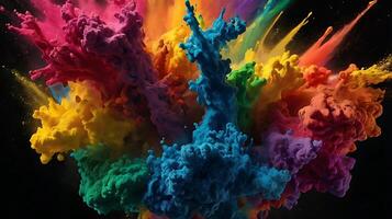 ultra hd 8k multi sharp rainbow color powder splashes on black background in spot light from both photo