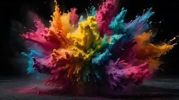 ultra hd 8k multi sharp rainbow color powder splashes on black background in spot light from both photo