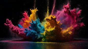 ultra hd 8k multi sharp rainbow color powder splashes on black background in spot light from both photo