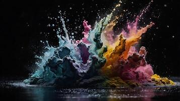 ultra hd 8k multi sharp rainbow color powder splashes on black background photo