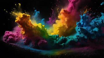 ultra hd 8k multi sharp rainbow color powder splashes on black background in spot light from both photo
