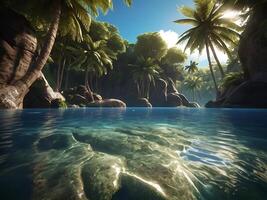 tropical island with glowing lagoons beautiful composition, super sharp, crisp, clear, true to life photo