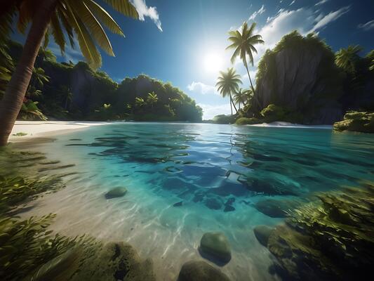 tropical island with glowing lagoons beautiful composition, super sharp, crisp, clear, true to life