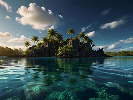 tropical island with glowing lagoons beautiful composition, super sharp, crisp, clear, true to life photo