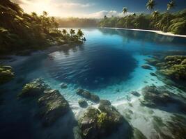 tropical island with glowing lagoons beautiful composition, super sharp, crisp, clear, true to life photo