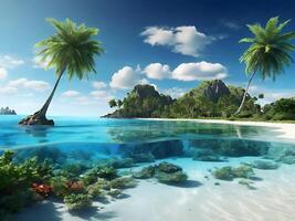 tropical island with glowing lagoons beautiful composition, super sharp, crisp, clear, true to life photo