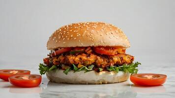 Ultra, realistic photo close-up of 8k High definition resolution, spicy dragon burger with fries