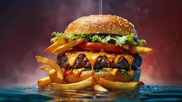Ultra, realistic photo close-up of 8k High definition resolution, spicy dragon burger with fries