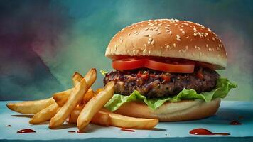 Ultra, realistic photo close-up of 8k High definition resolution, spicy dragon burger with fries