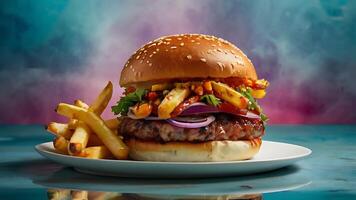 Ultra, realistic photo close-up of 8k High definition resolution, spicy dragon burger with fries