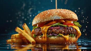 Ultra, realistic photo close-up of 8k High definition resolution, spicy dragon burger with fries