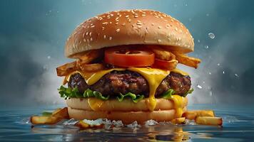 Ultra, realistic photo close-up of 8k High definition resolution, spicy dragon burger with fries