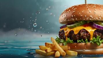 Ultra, realistic photo close-up of 8k High definition resolution, spicy dragon burger with fries