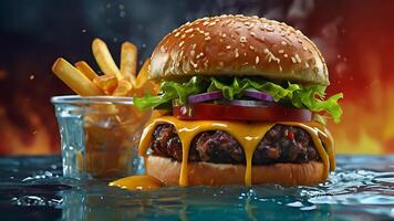 Ultra, realistic photo close-up of 8k High definition resolution, spicy dragon burger with fries