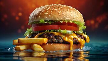 Ultra, realistic photo close-up of 8k High definition resolution, spicy dragon burger with fries