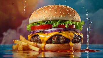 Ultra, realistic photo close-up of 8k High definition resolution, spicy dragon burger with fries