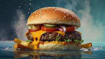 Ultra, realistic photo close-up of 8k High definition resolution, spicy dragon burger with fries