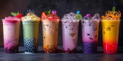 Colorful Bubble Tea Drinks With Tapioca Pearls and Ice in Plastic Cups photo