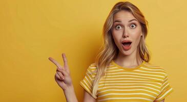 Young Blonde Woman With Red Striped Shirt Pointing Right With Shocked Expression photo