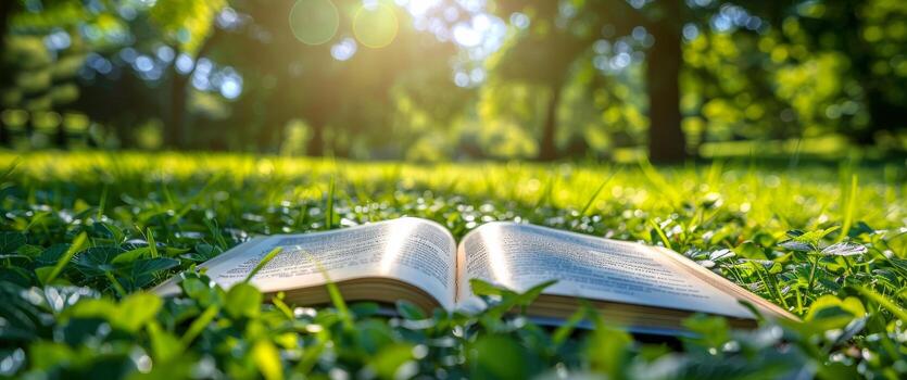 Open Book Resting in a Summer Meadow With Blue Sky photo