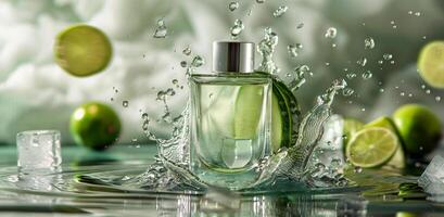 Fresh Citrus and Cucumber Scented Perfume Bottle in Water With Ice photo