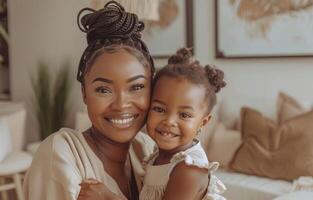 Happy Mother and Daughter Smiling Together in a Cozy Home Interior photo