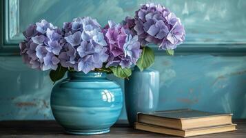 Vintage Books and Lavender Bouquet in a Blue Vase on a Wooden Table photo