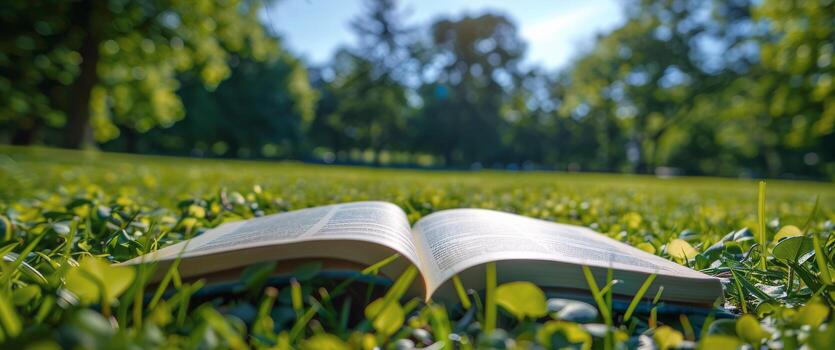 Open Book Resting in a Summer Meadow With Blue Sky photo