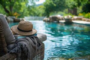 Wicker Chair By Tranquil Pool With Open Book And Blanket photo