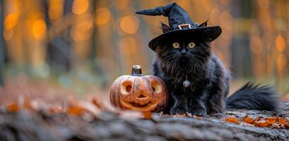 Black Cat Wearing Witch Hat Poses With Pumpkin in Autumn Forest photo