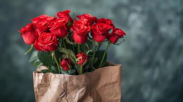 A Bouquet of Red Roses in a Brown Paper Bag Against a Teal Background photo