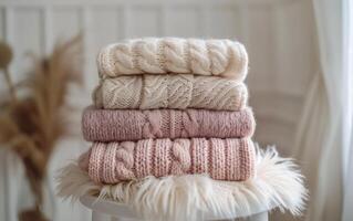 Stack of Soft Pink Knitted Sweaters on White Stool photo