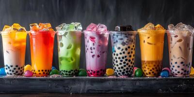 Colorful Bubble Tea Drinks With Tapioca Pearls and Ice in Plastic Cups photo