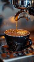 Espresso Machine Pouring Coffee Into Black Cup With Coffee Beans photo