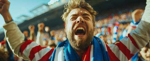 Excited Fan Cheers During A Night Game At A Stadium photo