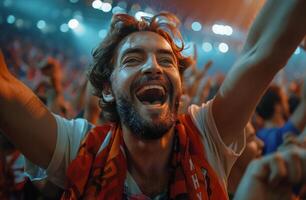 Cheerful Man With Bearded Face and Scarf at a Concert photo