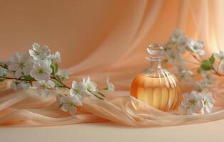 Glass Bottle of Liquid With White Flowers on Peach Colored Fabric photo