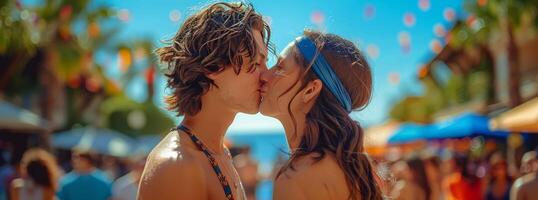 Couple Kissing in Front of a Busy Street Market in the Daytime photo