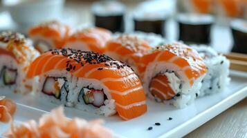 Close Up of Salmon and Crab Sushi Rolls With Chopsticks photo