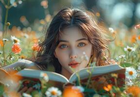 Woman Reading Book In Field Of Daisies On Sunny Day photo